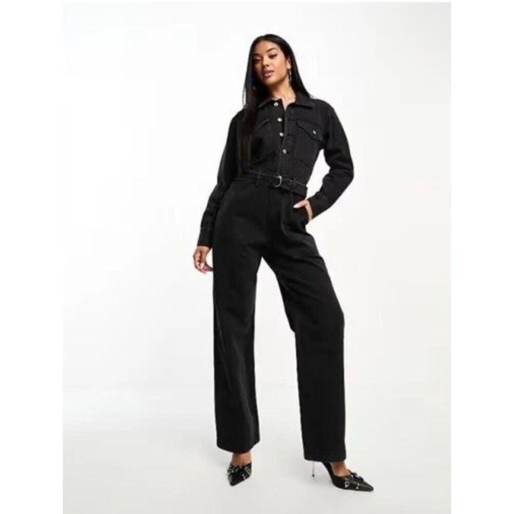 Abercrombie & Fitch Black Denim Utility Jumpsuit Belted Long Sleeve Sz M
